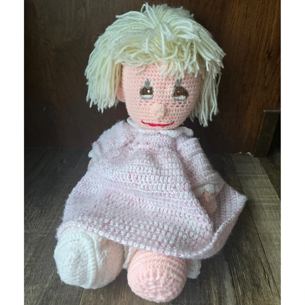 Vintage Handmade Crochet Doll Blonde Hair Pink Dress Amigurumi Soft Toy‎ Plush